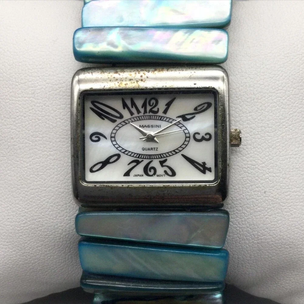 Massini Womens Watch 30mm MOP Dial Blue Shell Stretch Bracelet New Battery